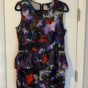 Purple Red & Black Floral Peplum Zip Back Dress